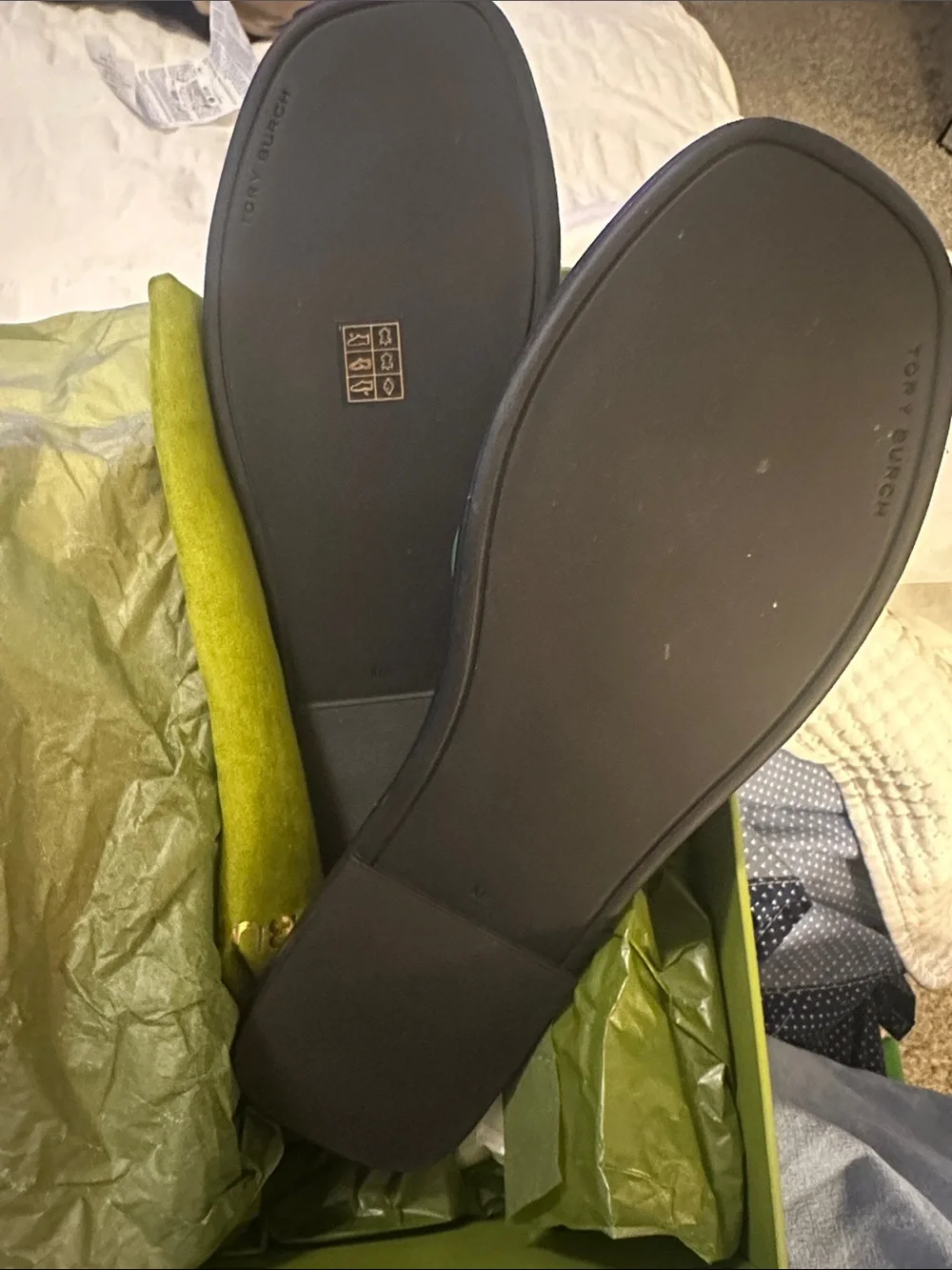 NIB Tory Burch Green & Cream Logo Slide Sandals